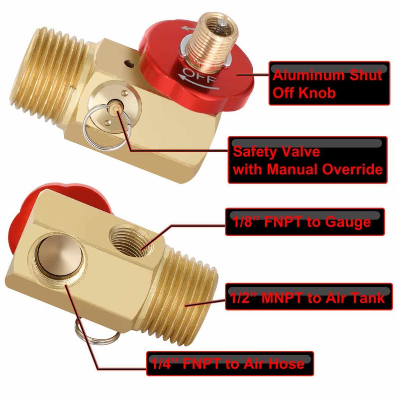 Hromee Air Tank Manifold Tool with Fill Port, Aluminum Shut Off Safety Valve and Relief Bypass 1/2" NPT Tank x 1/4" NPT Hose x 1/8" NPT Gauge for Air Compressor Portable Carry Tank - Image 2